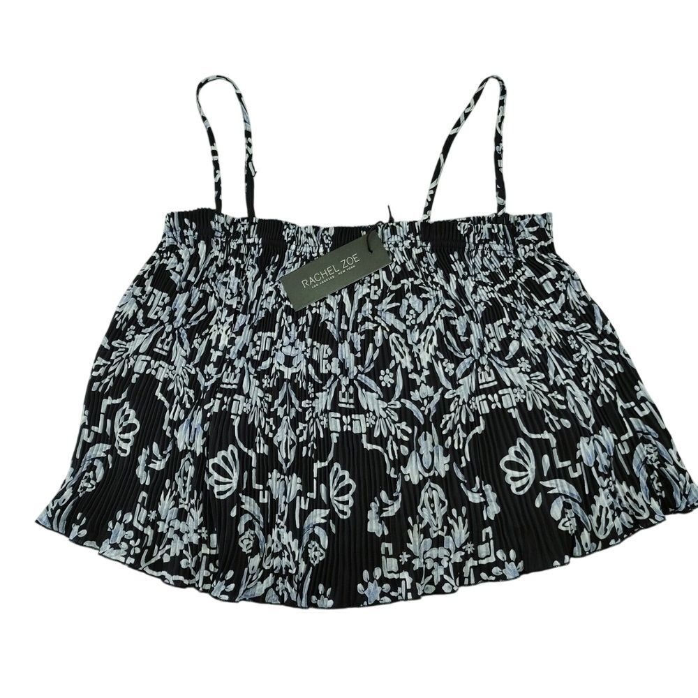 Rachel Zoe Black & Gray Floral Print Pleated Cami Top Spaghetti Straps Size M